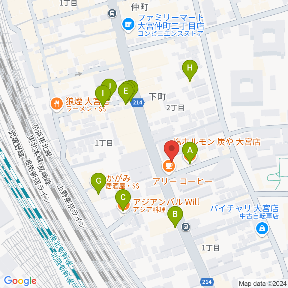 柏屋楽器 スタジオアティック 大宮店周辺のファミレス・ファーストフード一覧地図