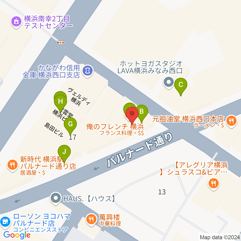 イシバシ楽器 横浜店周辺のファミレス・ファーストフード一覧地図