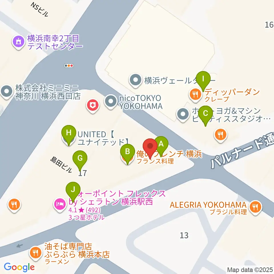 イシバシ楽器 横浜店周辺のファミレス・ファーストフード一覧地図