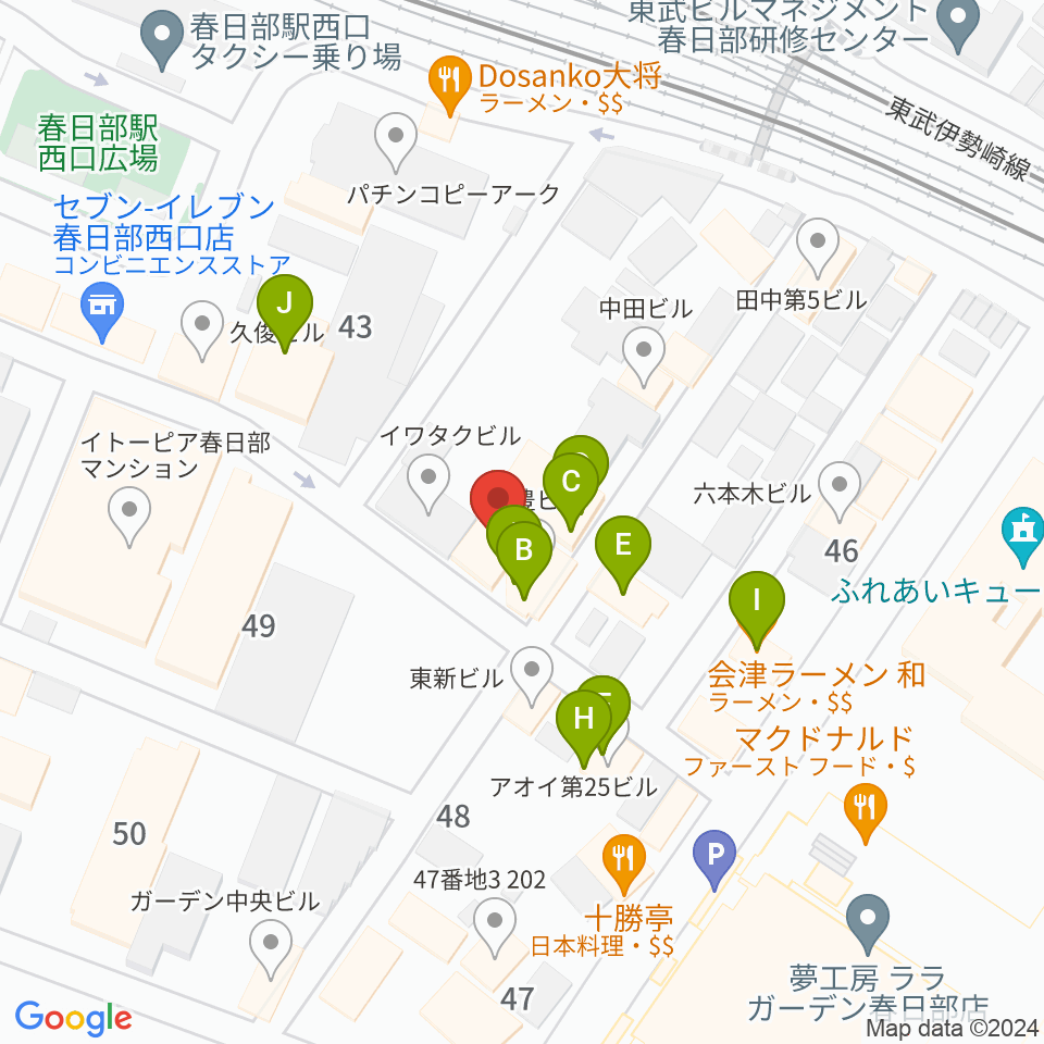 昭和楽器 春日部店ミニホール周辺のファミレス・ファーストフード一覧地図