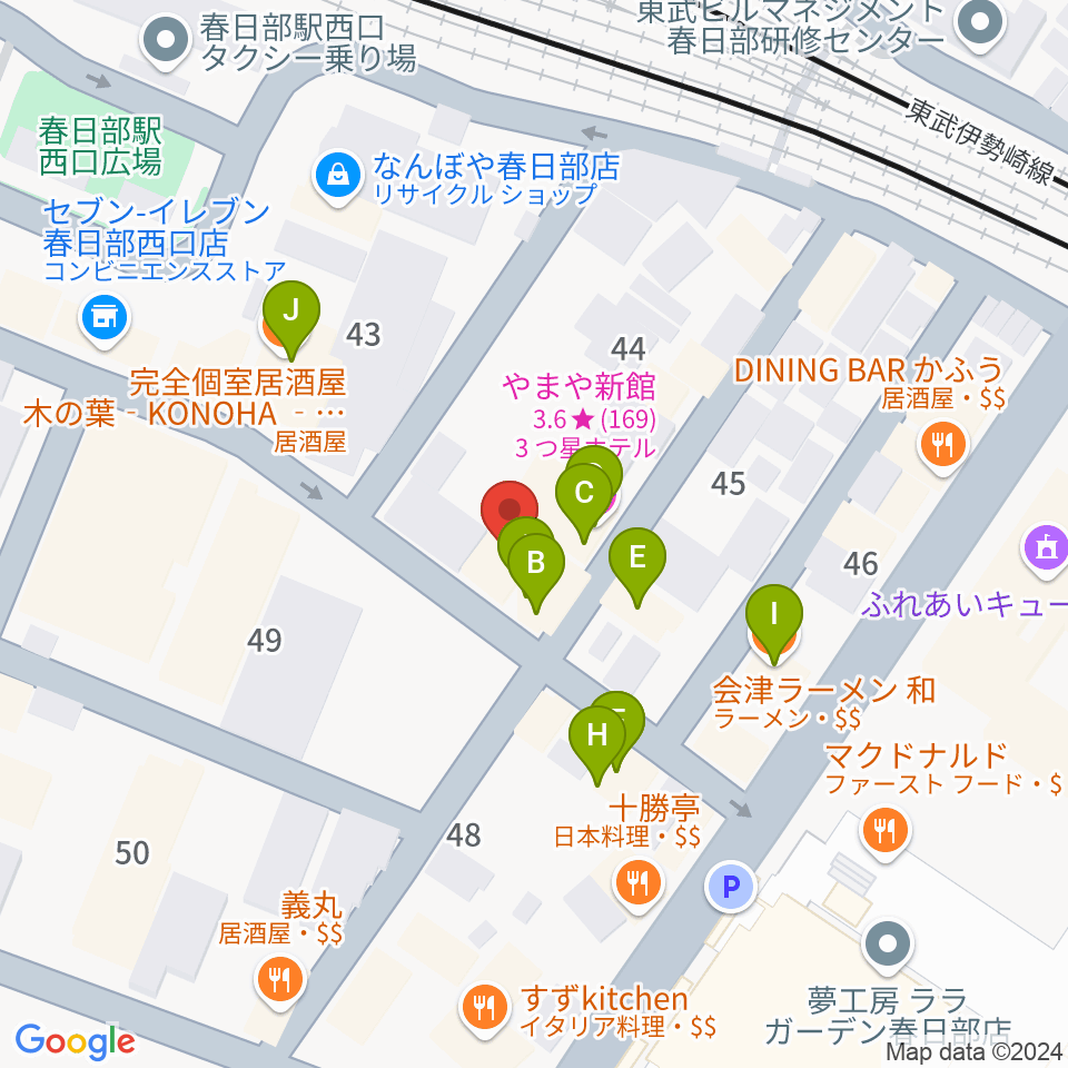 昭和楽器 春日部店ミニホール周辺のファミレス・ファーストフード一覧地図