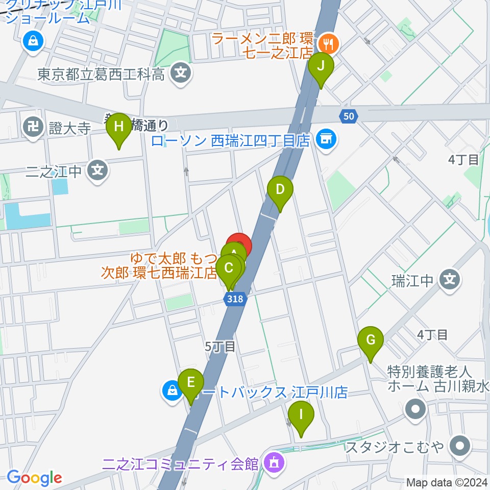 サウンドスタジオＭ一之江店周辺のファミレス・ファーストフード一覧地図