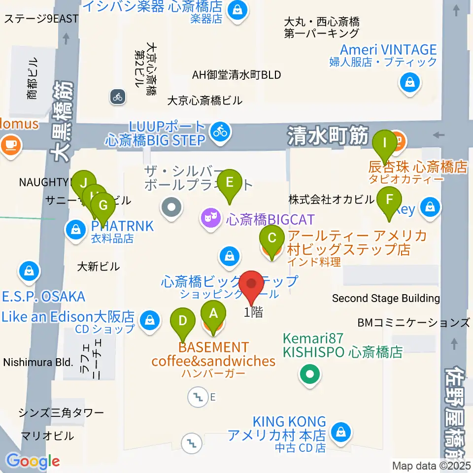 心斎橋BIGCAT周辺のファミレス・ファーストフード一覧地図