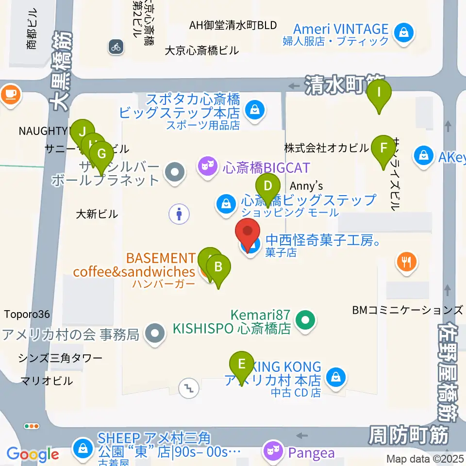 心斎橋BIGCAT周辺のファミレス・ファーストフード一覧地図