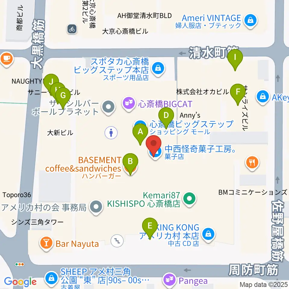 心斎橋BIGCAT周辺のファミレス・ファーストフード一覧地図