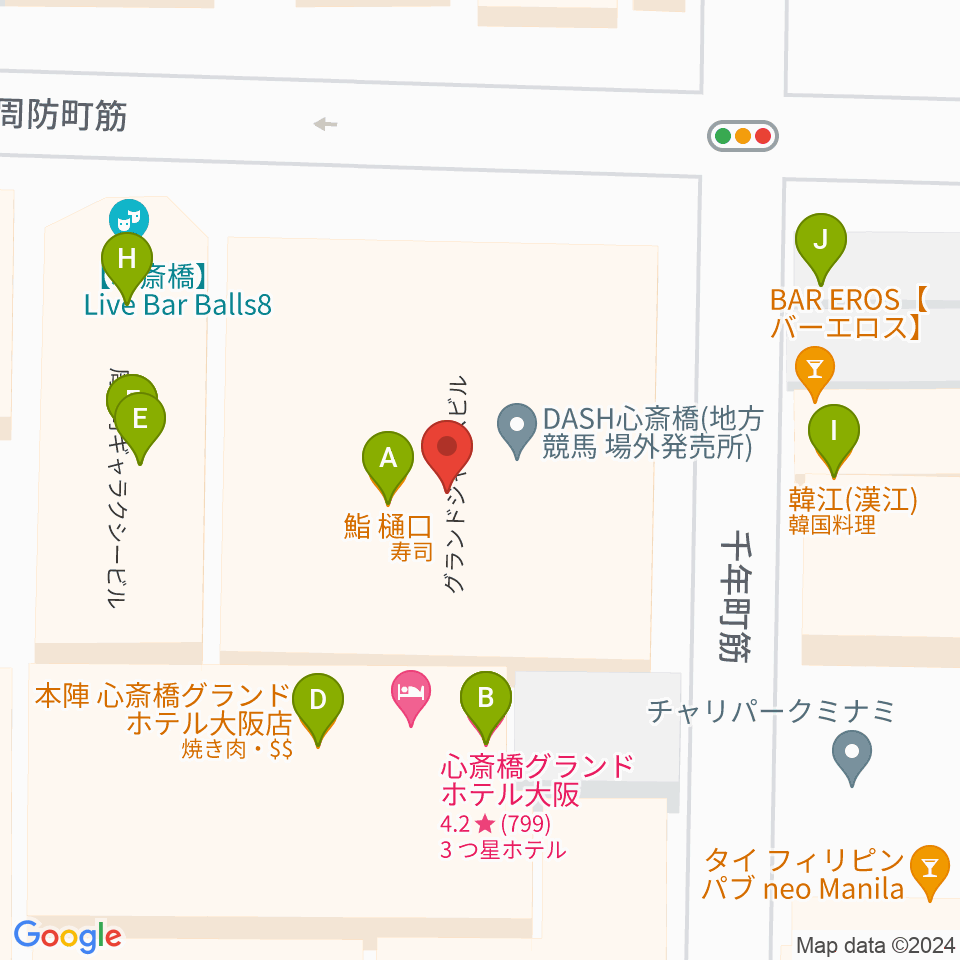 心斎橋ジャニス周辺のファミレス・ファーストフード一覧地図