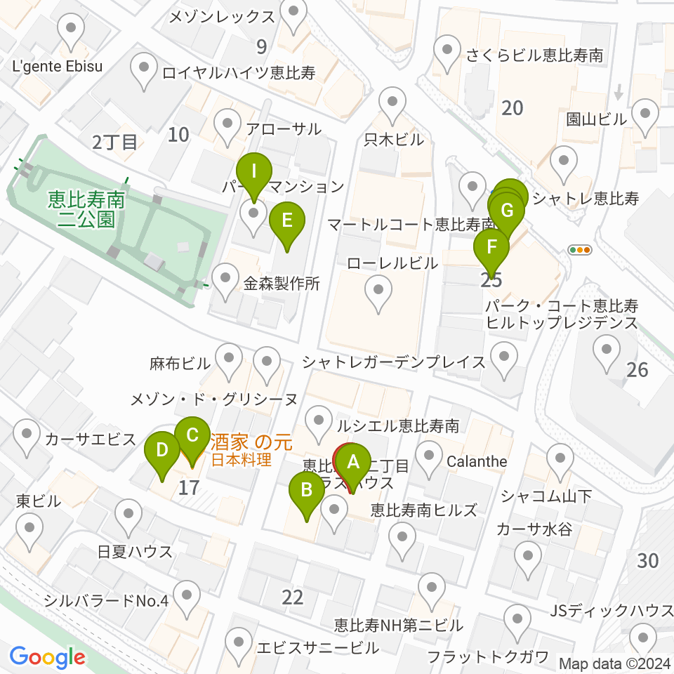 恵比寿ヒルサイドスタジオ周辺のファミレス・ファーストフード一覧地図