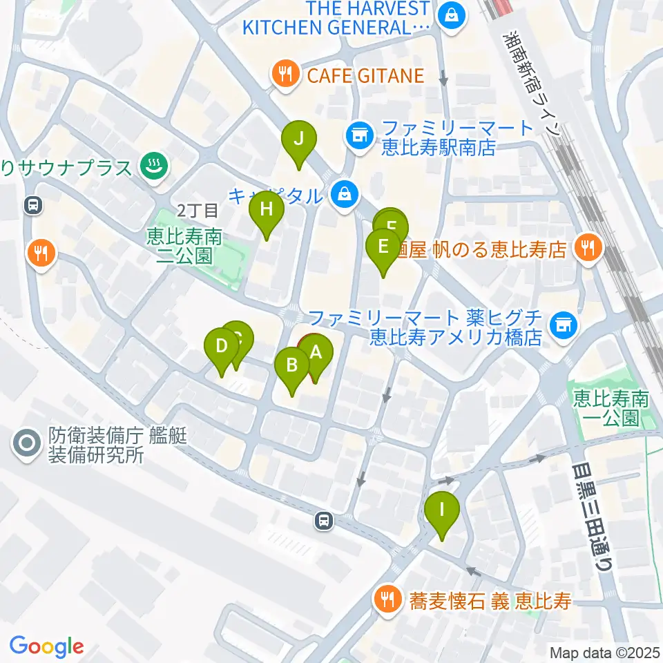 恵比寿ヒルサイドスタジオ周辺のファミレス・ファーストフード一覧地図