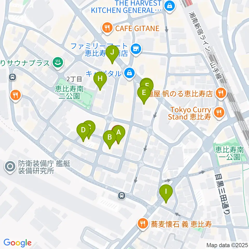 恵比寿ヒルサイドスタジオ周辺のファミレス・ファーストフード一覧地図
