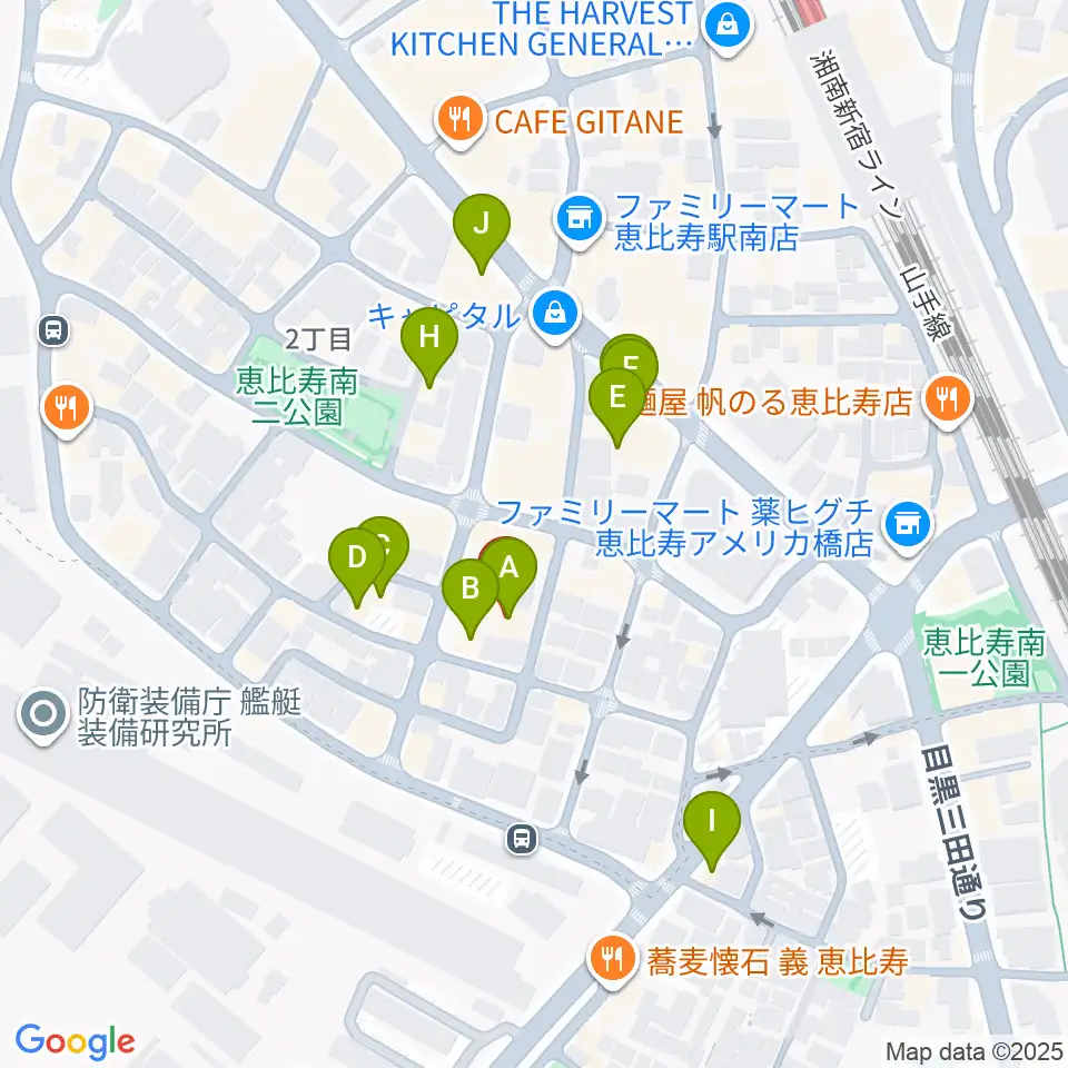 恵比寿ヒルサイドスタジオ周辺のファミレス・ファーストフード一覧地図