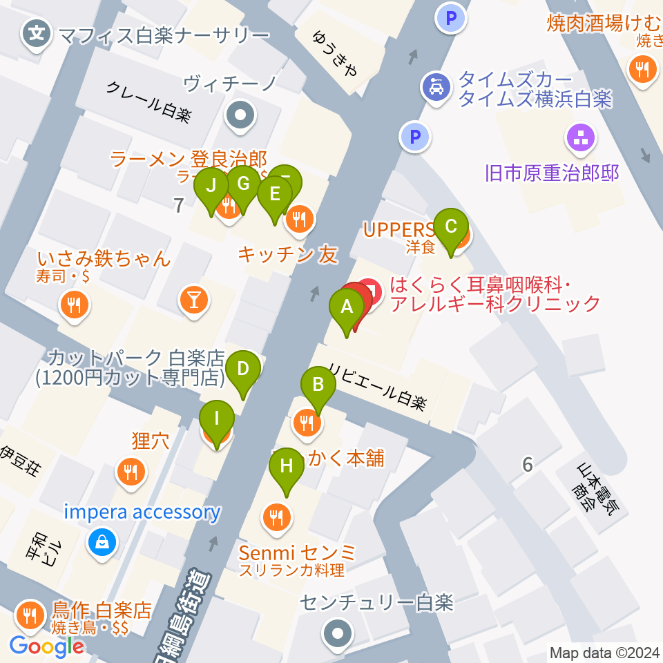 白楽ナップ周辺のファミレス・ファーストフード一覧地図