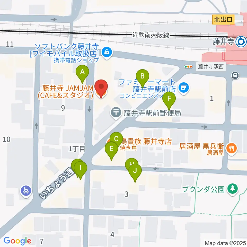 藤井寺JAMJAM周辺のファミレス・ファーストフード一覧地図