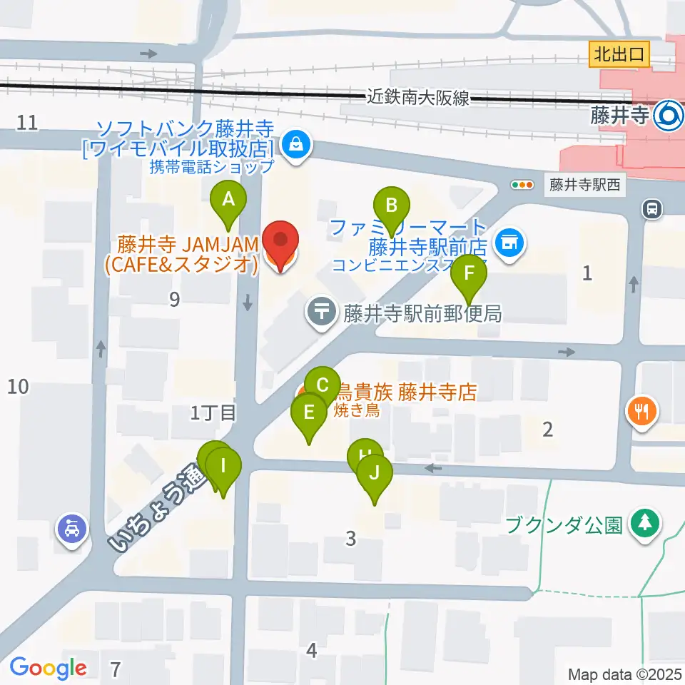 藤井寺JAMJAM周辺のファミレス・ファーストフード一覧地図