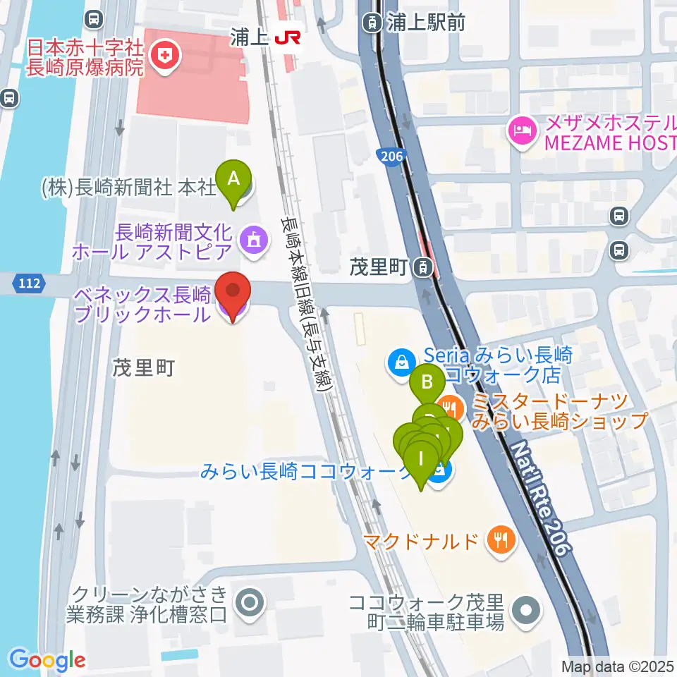 ベネックス長崎ブリックホール周辺のファミレス・ファーストフード一覧地図