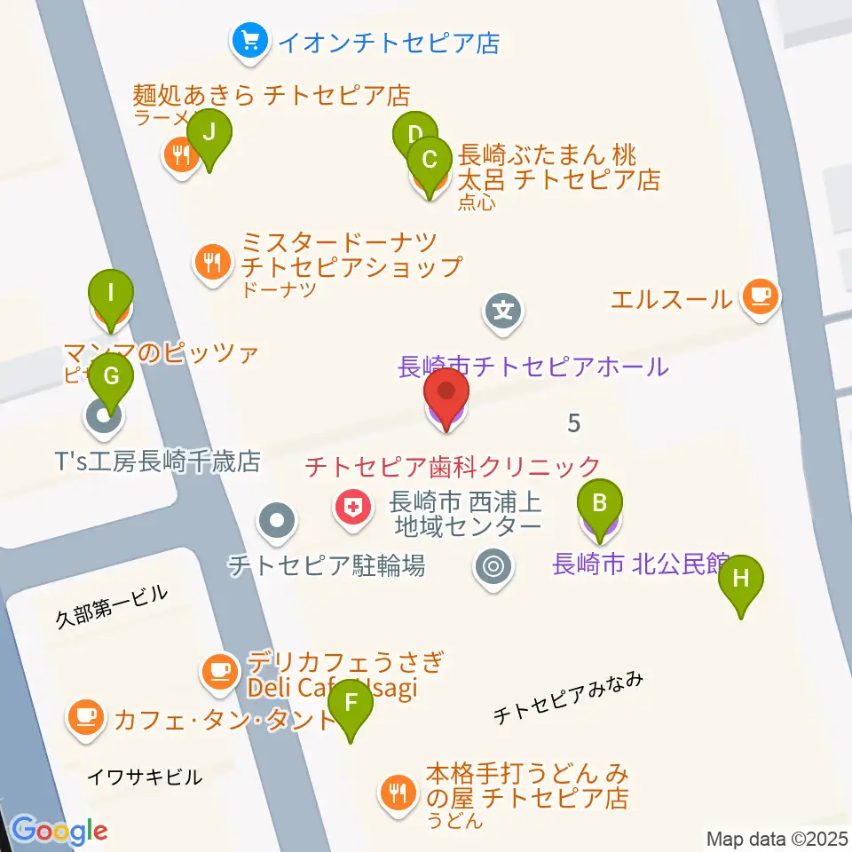 長崎市チトセピアホール周辺のファミレス・ファーストフード一覧地図