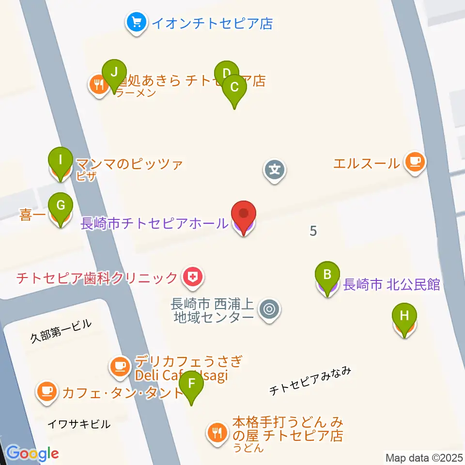 長崎市チトセピアホール周辺のファミレス・ファーストフード一覧地図