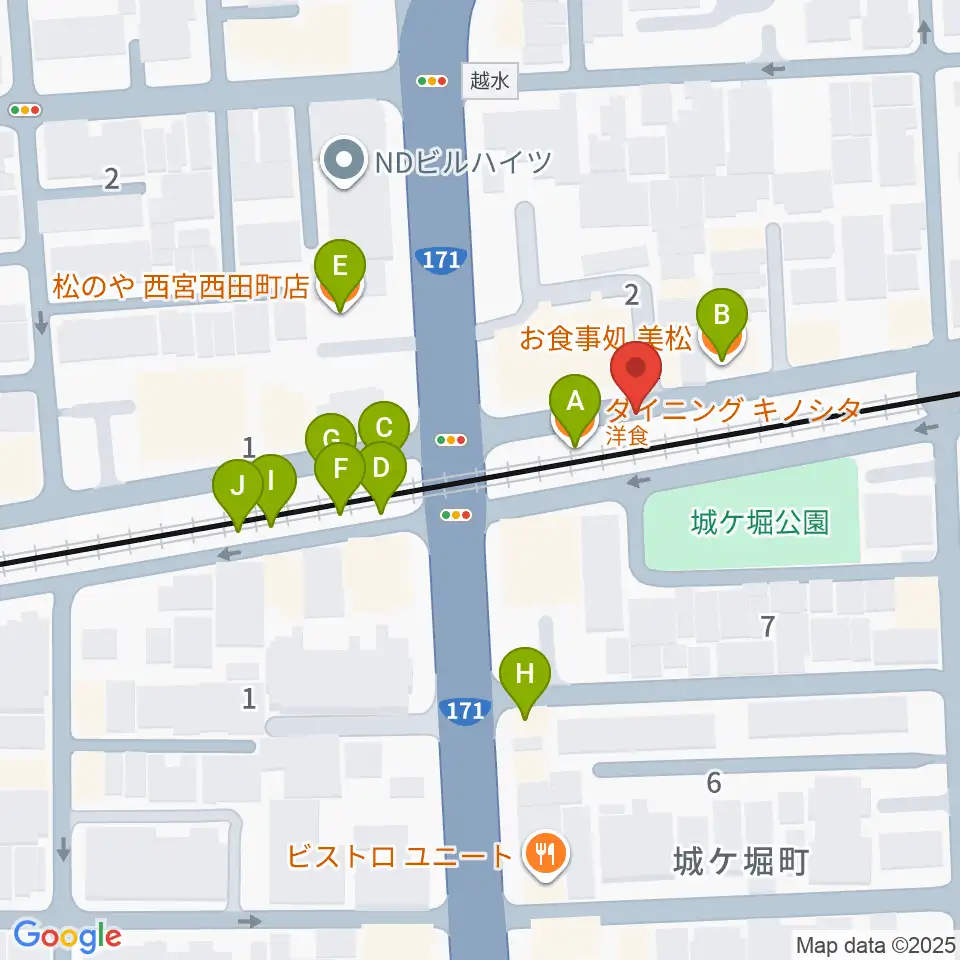 西宮モンジャクシン周辺のファミレス・ファーストフード一覧地図