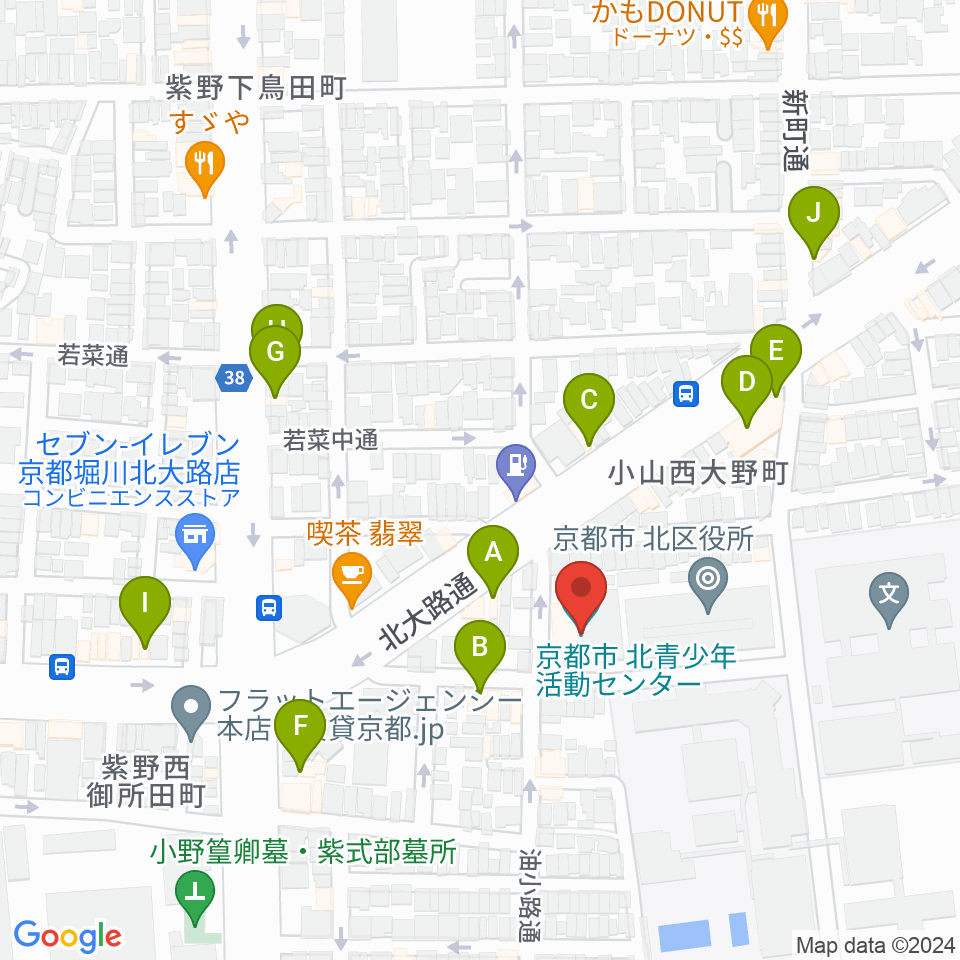 京都市北青少年活動センター周辺のファミレス・ファーストフード一覧地図