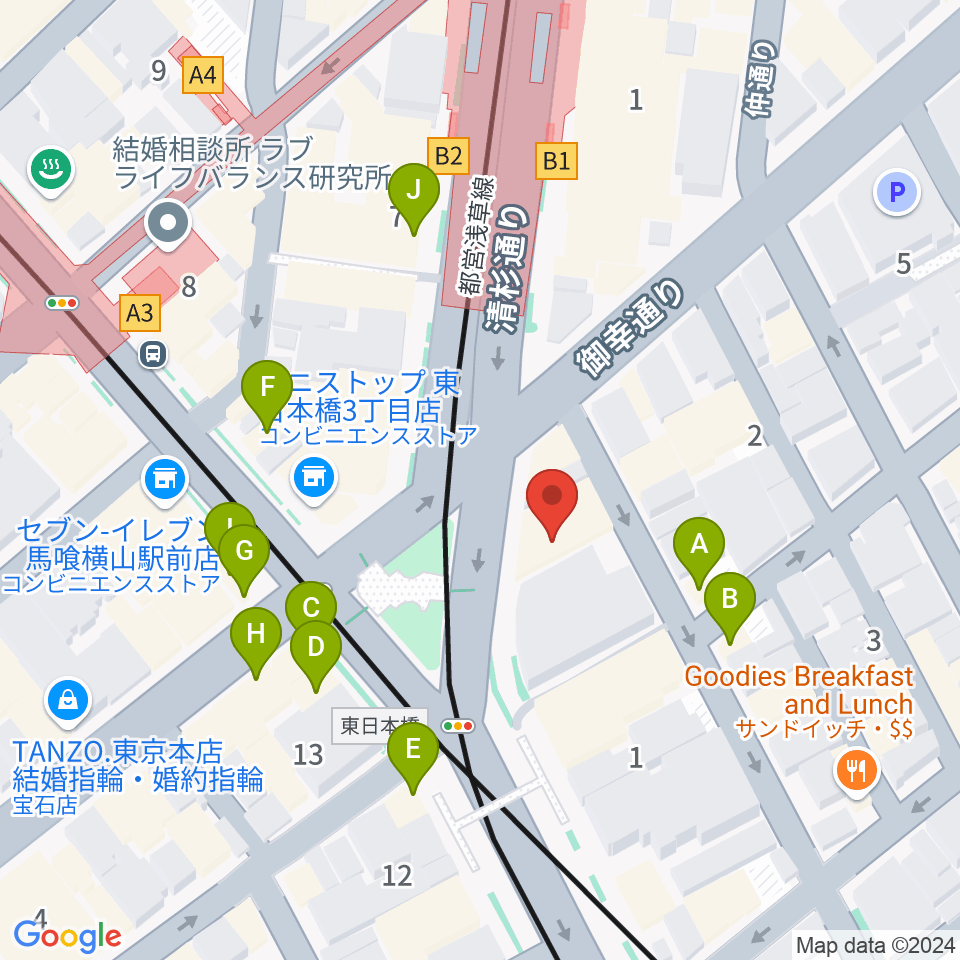 株式会社プリマ楽器周辺のファミレス・ファーストフード一覧地図