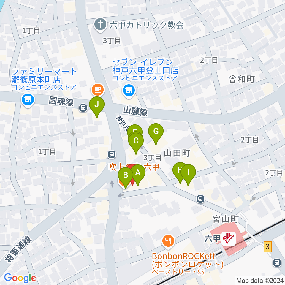 バイオリン工房 音屋周辺のファミレス・ファーストフード一覧地図