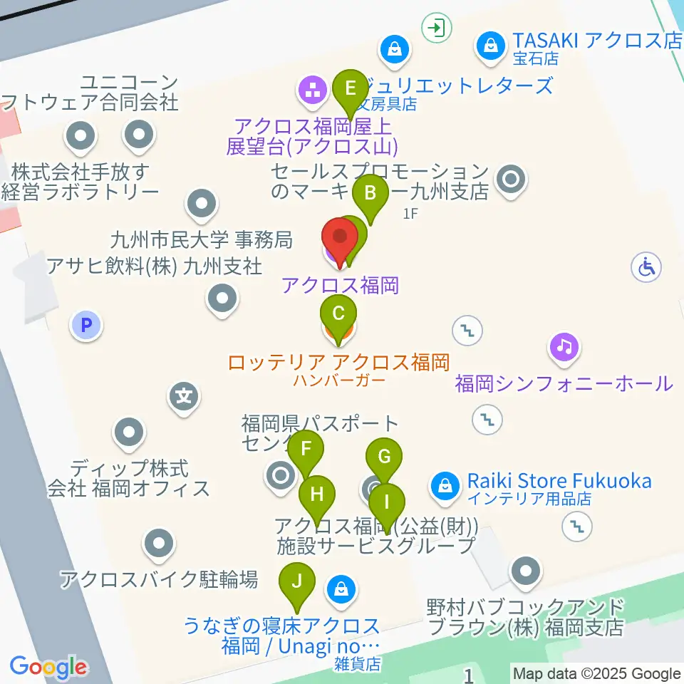 アクロス福岡周辺のファミレス・ファーストフード一覧地図