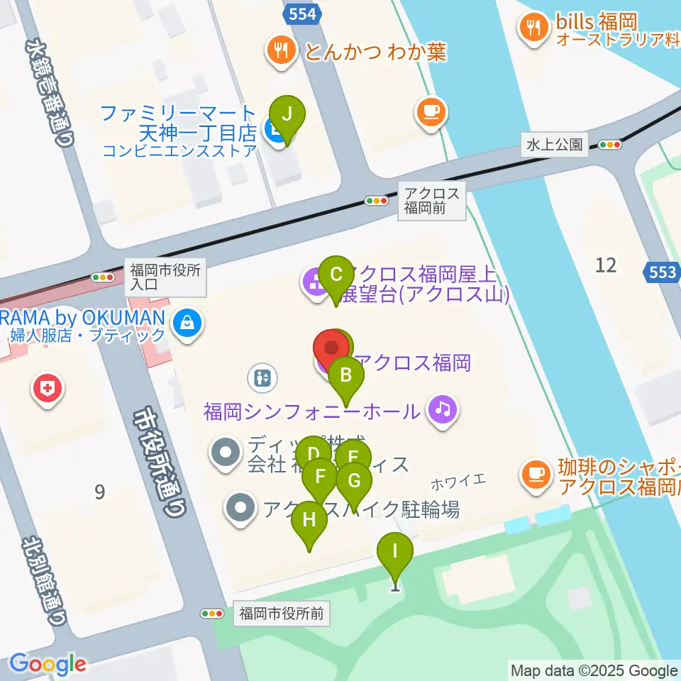 アクロス福岡周辺のファミレス・ファーストフード一覧地図