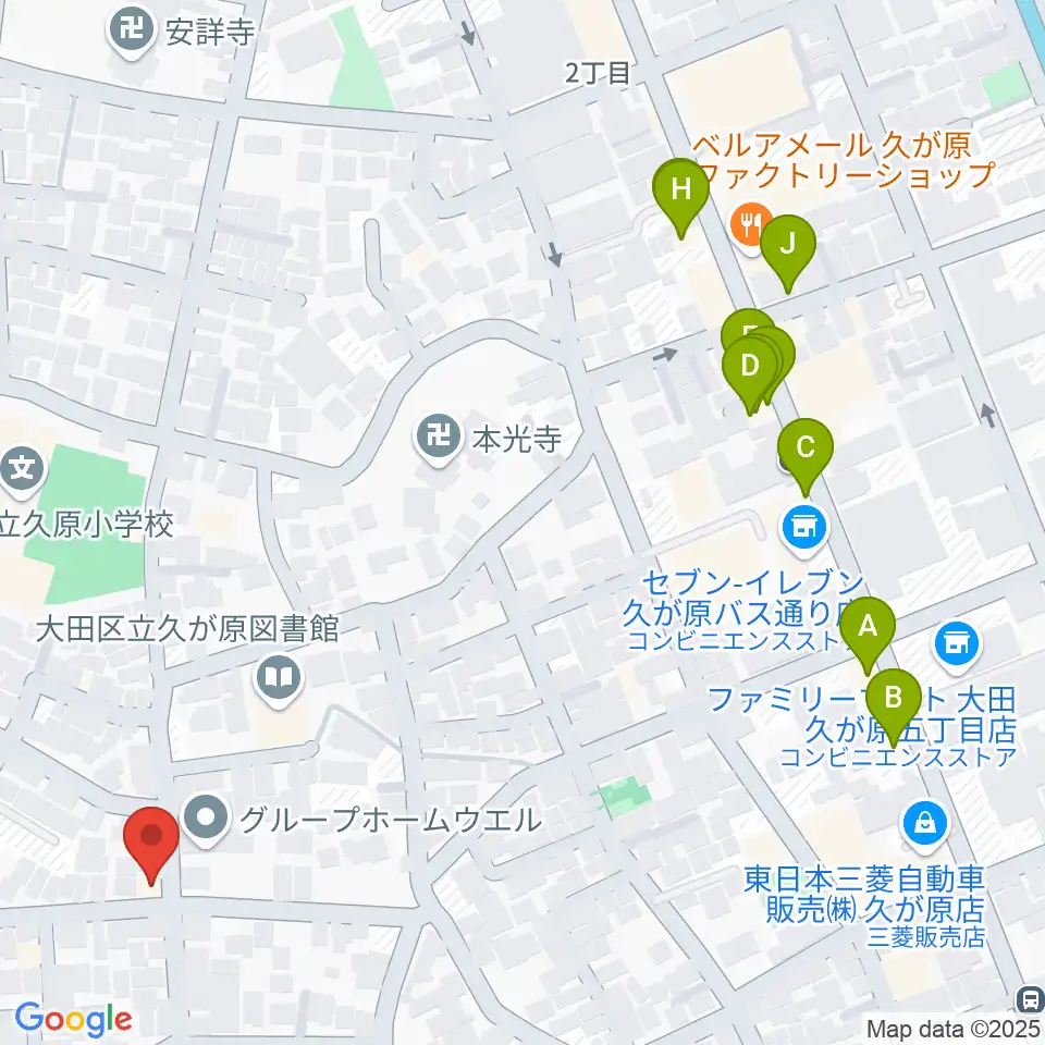 窪田ヴァイオリン教室周辺のファミレス・ファーストフード一覧地図