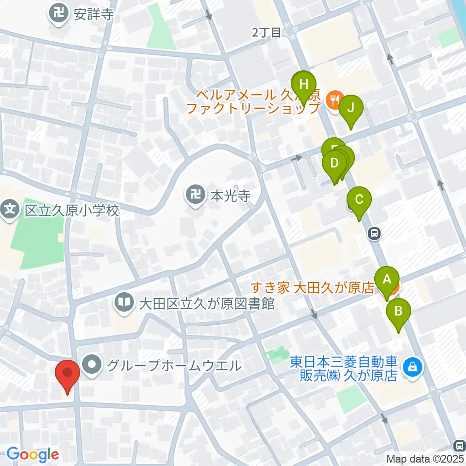 窪田ヴァイオリン教室周辺のファミレス・ファーストフード一覧地図