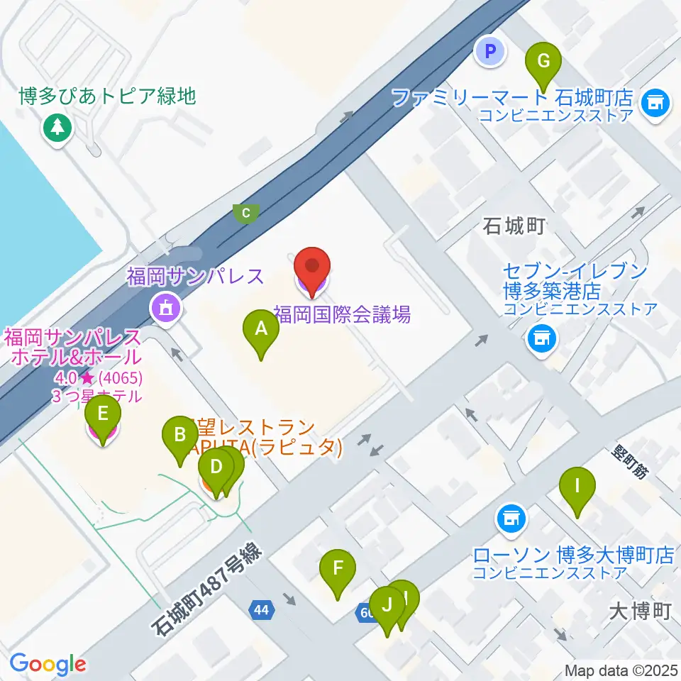 福岡国際会議場周辺のファミレス・ファーストフード一覧地図