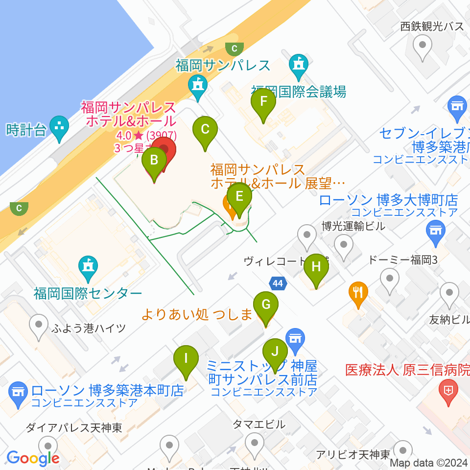 福岡サンパレス ホテル＆ホール周辺のファミレス・ファーストフード一覧地図