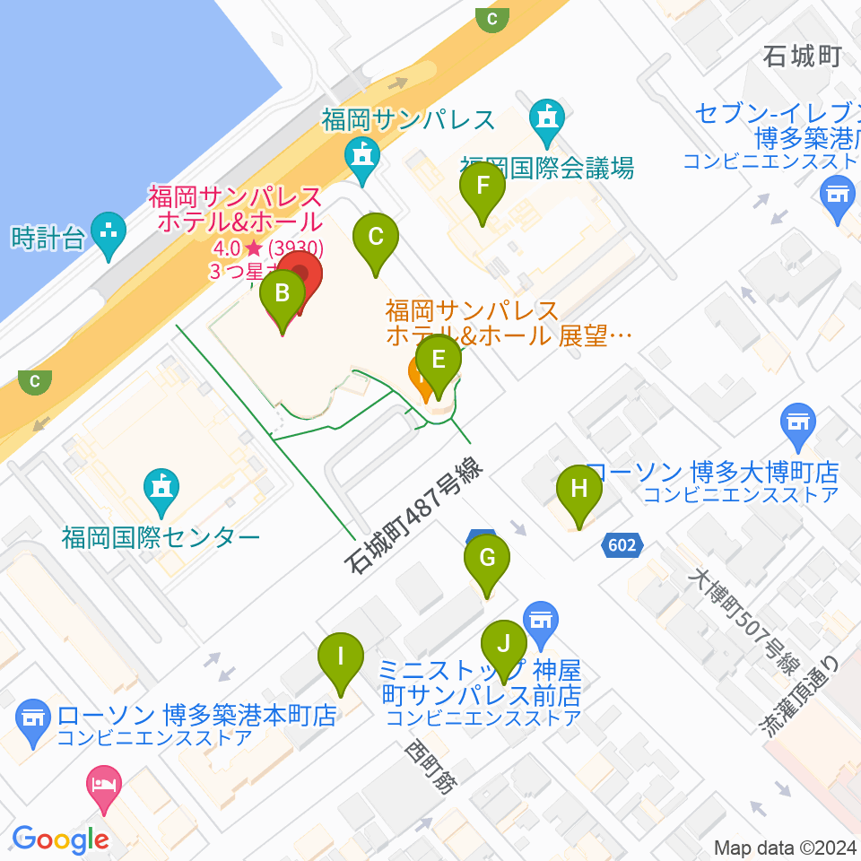 福岡サンパレス ホテル＆ホール周辺のファミレス・ファーストフード一覧地図