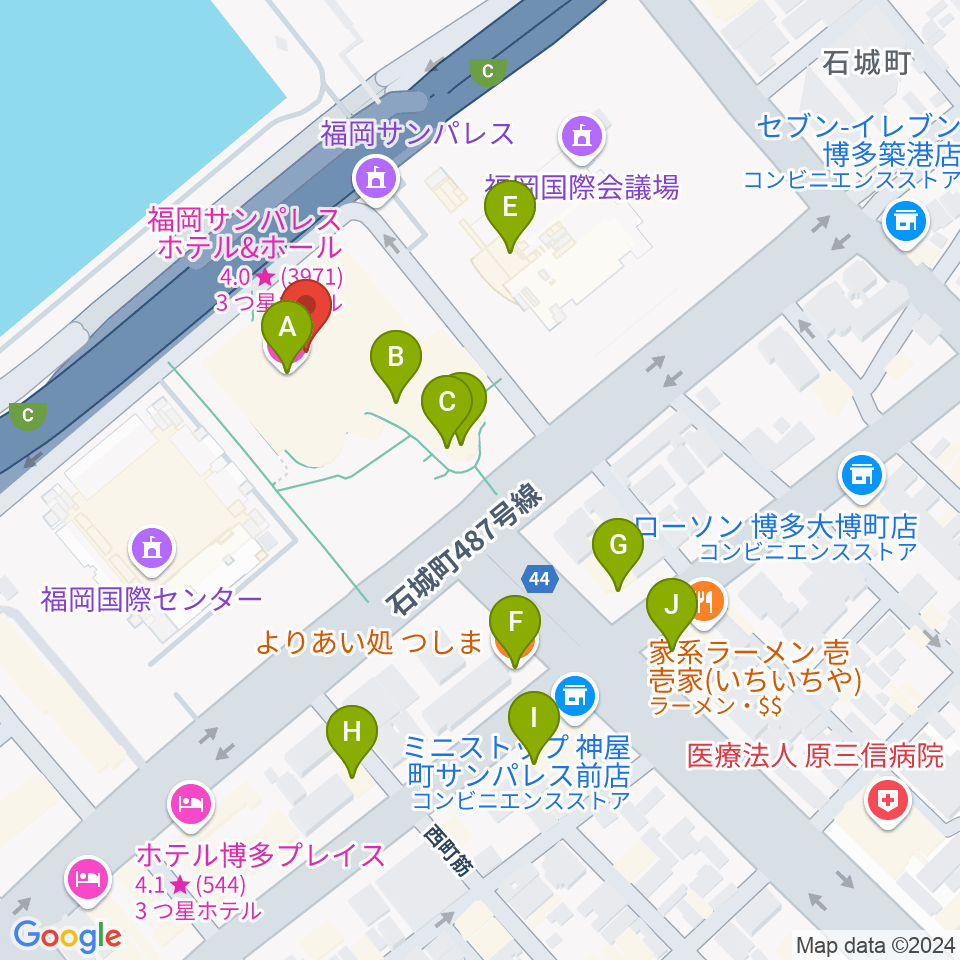 福岡サンパレス ホテル＆ホール周辺のファミレス・ファーストフード一覧地図