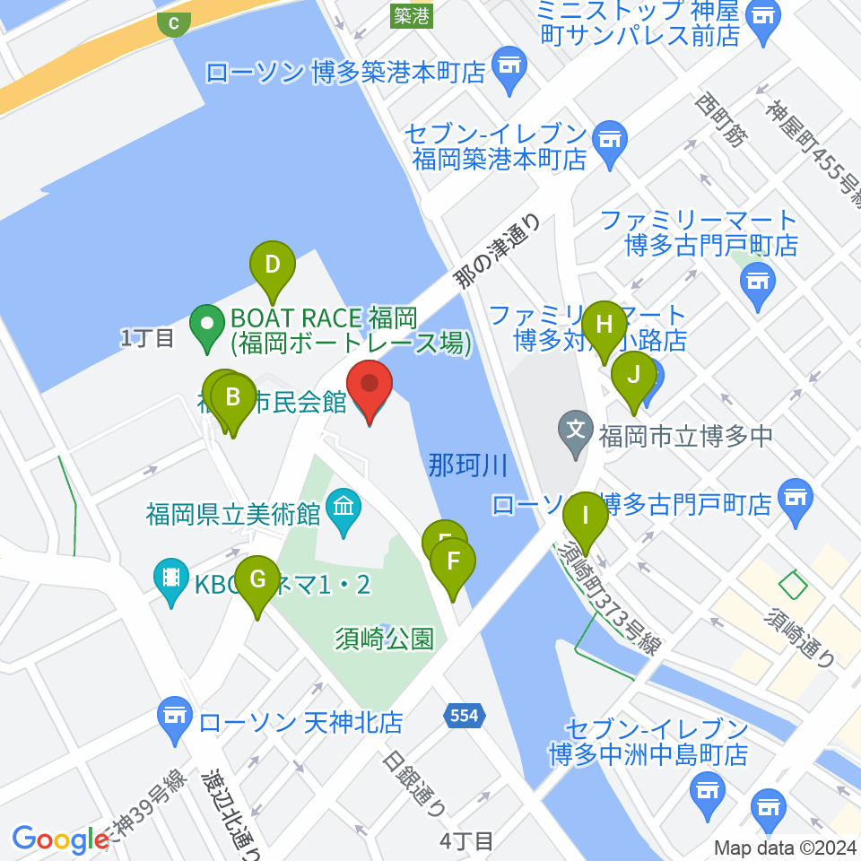 福岡市民会館周辺のファミレス・ファーストフード一覧地図