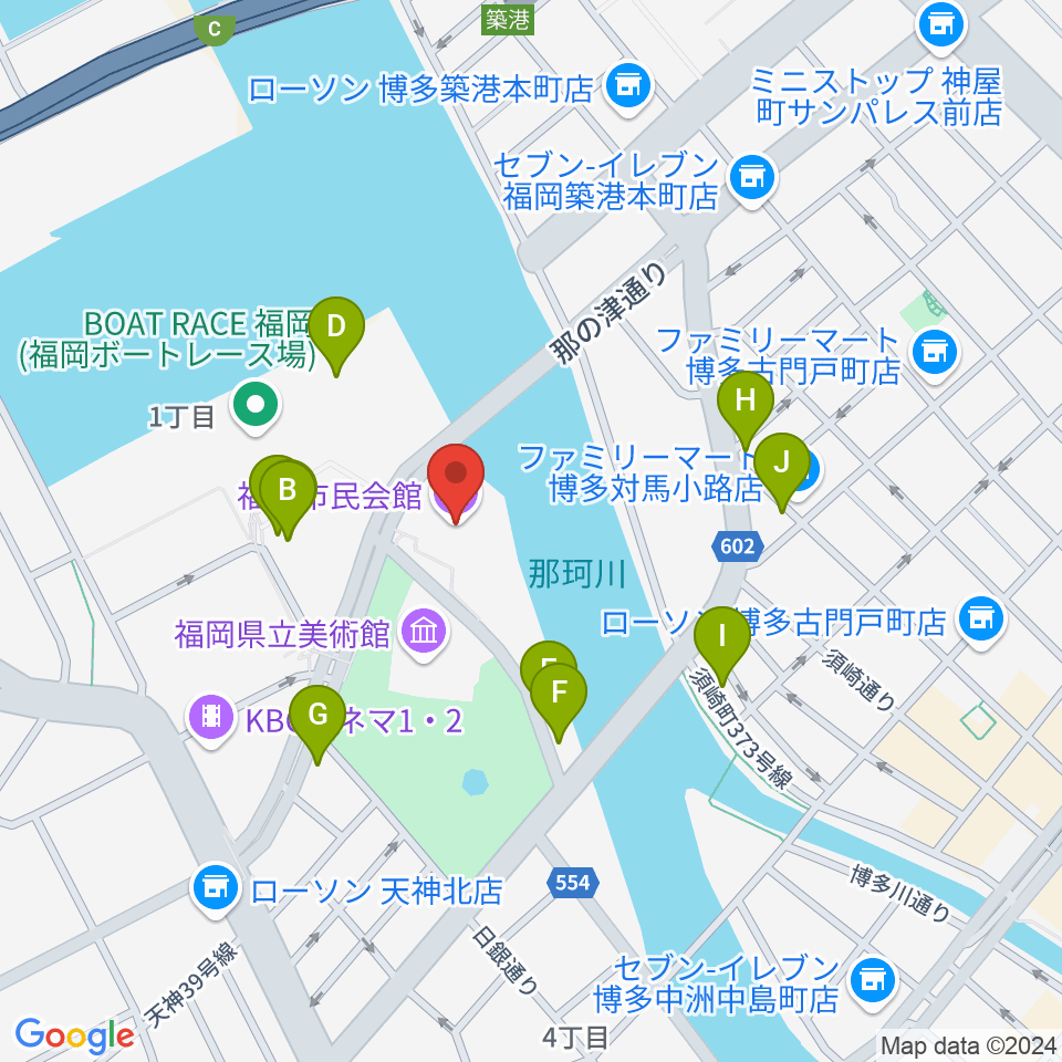 福岡市民会館周辺のファミレス・ファーストフード一覧地図