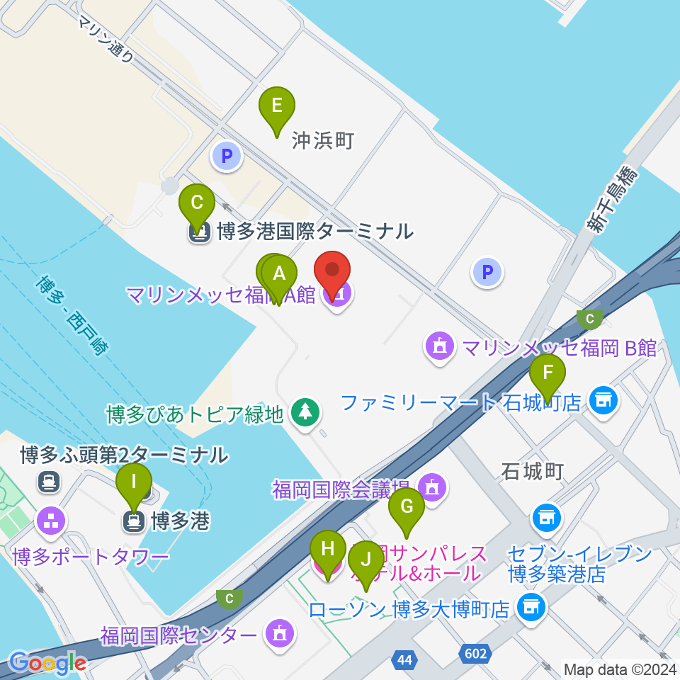 マリンメッセ福岡A館周辺のファミレス・ファーストフード一覧地図