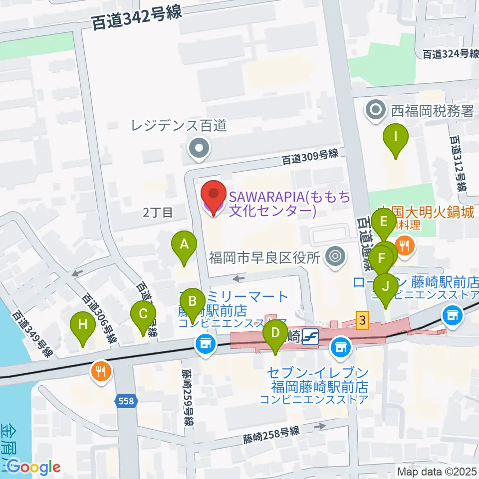 サワラピア 福岡県立ももち文化センター周辺のファミレス・ファーストフード一覧地図
