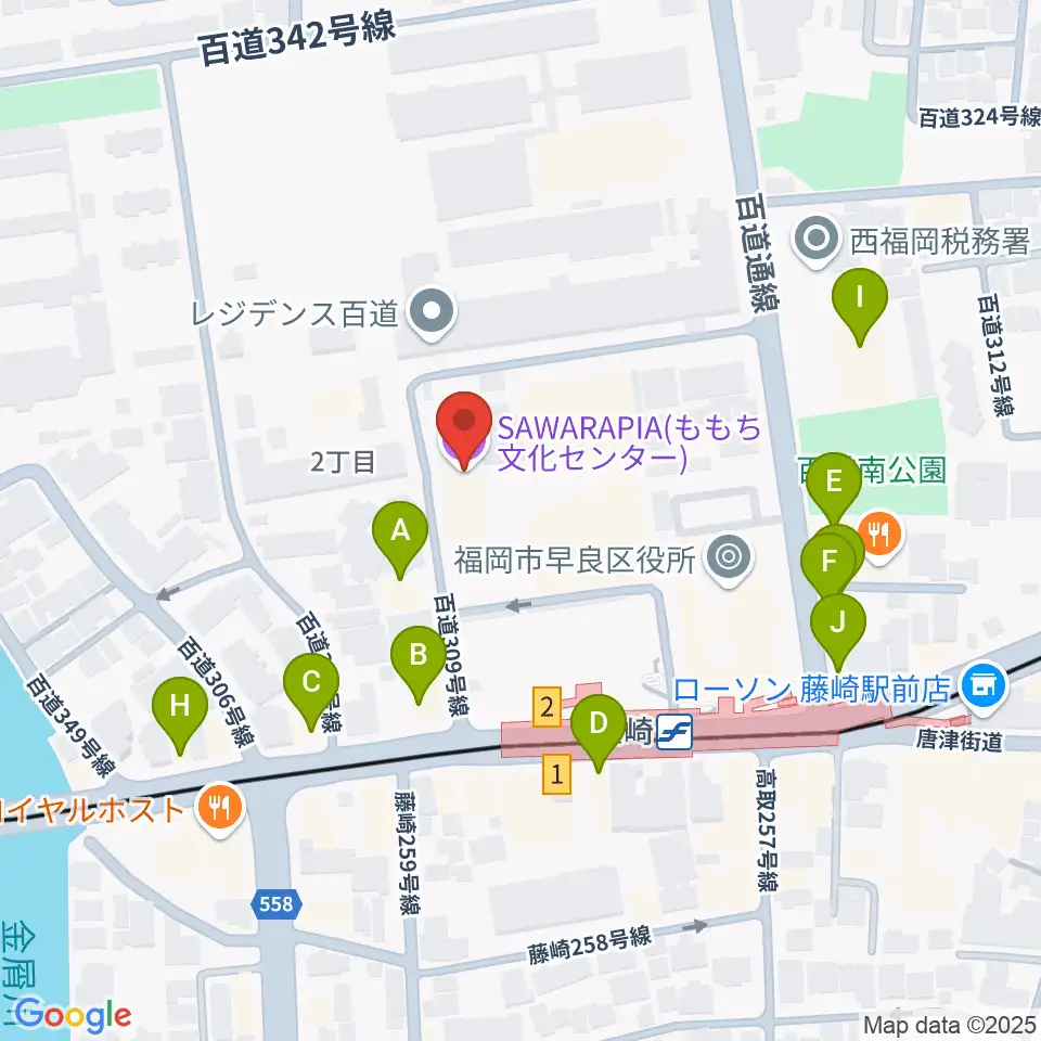 サワラピア 福岡県立ももち文化センター周辺のファミレス・ファーストフード一覧地図