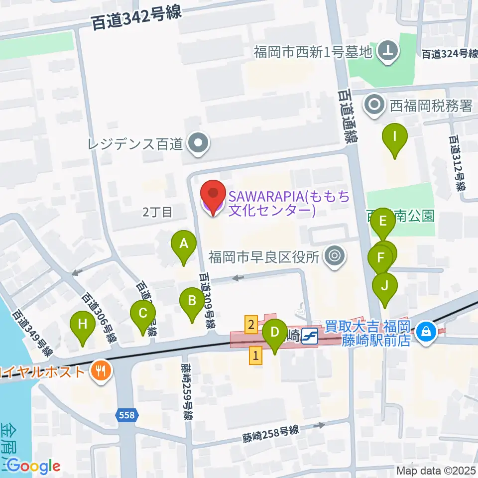 サワラピア 福岡県立ももち文化センター周辺のファミレス・ファーストフード一覧地図