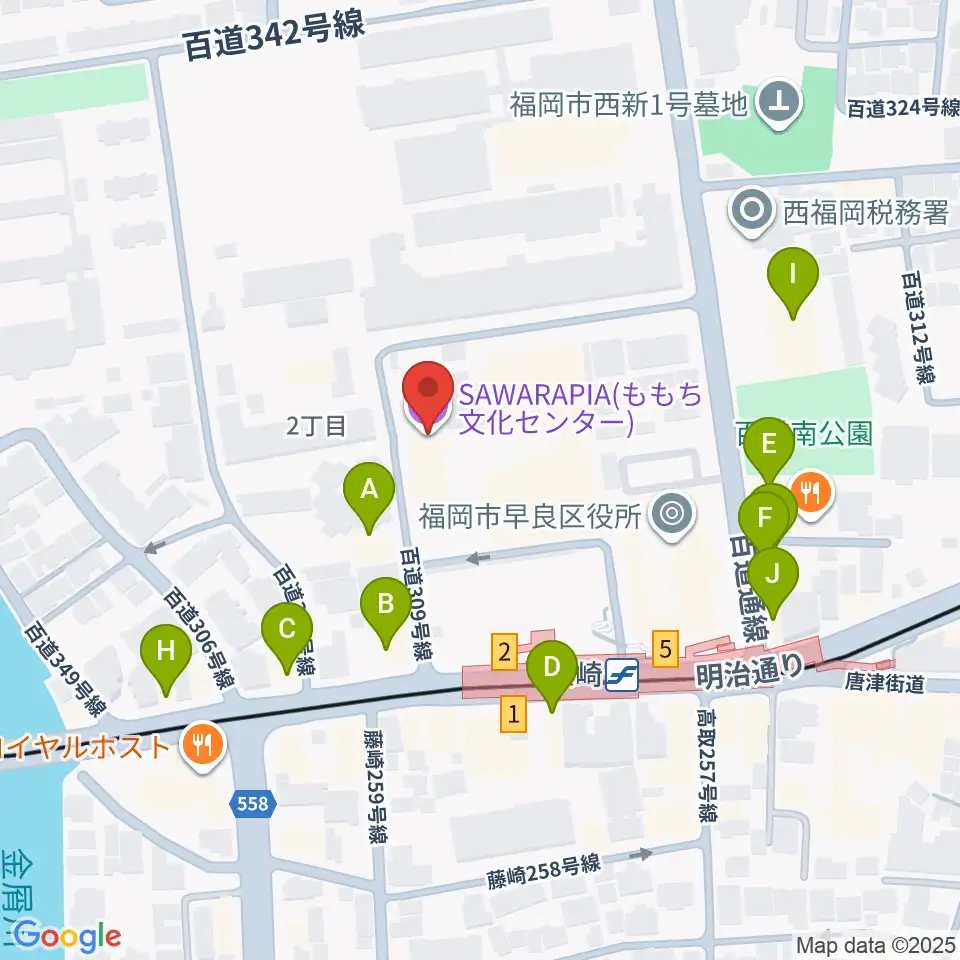 サワラピア 福岡県立ももち文化センター周辺のファミレス・ファーストフード一覧地図