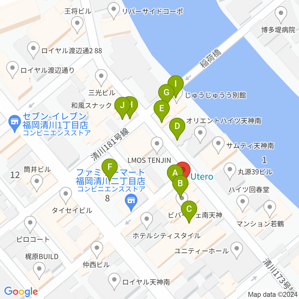 福岡UTERO周辺のファミレス・ファーストフード一覧地図