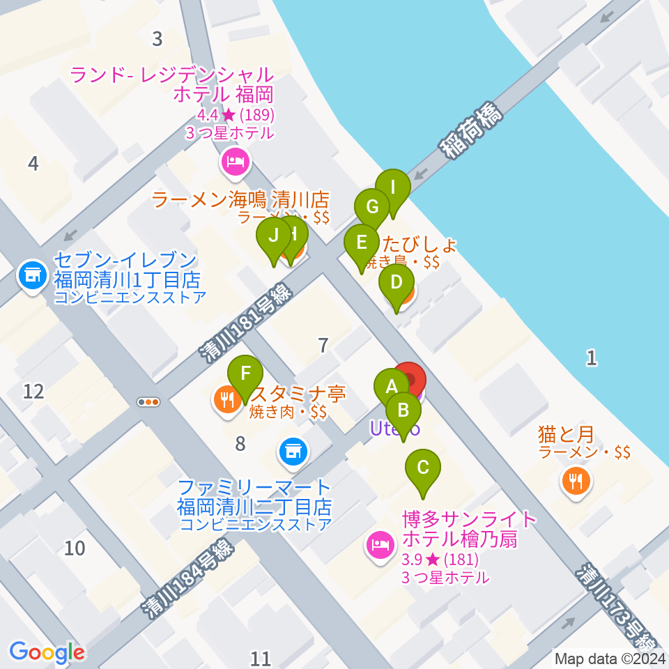 福岡UTERO周辺のファミレス・ファーストフード一覧地図