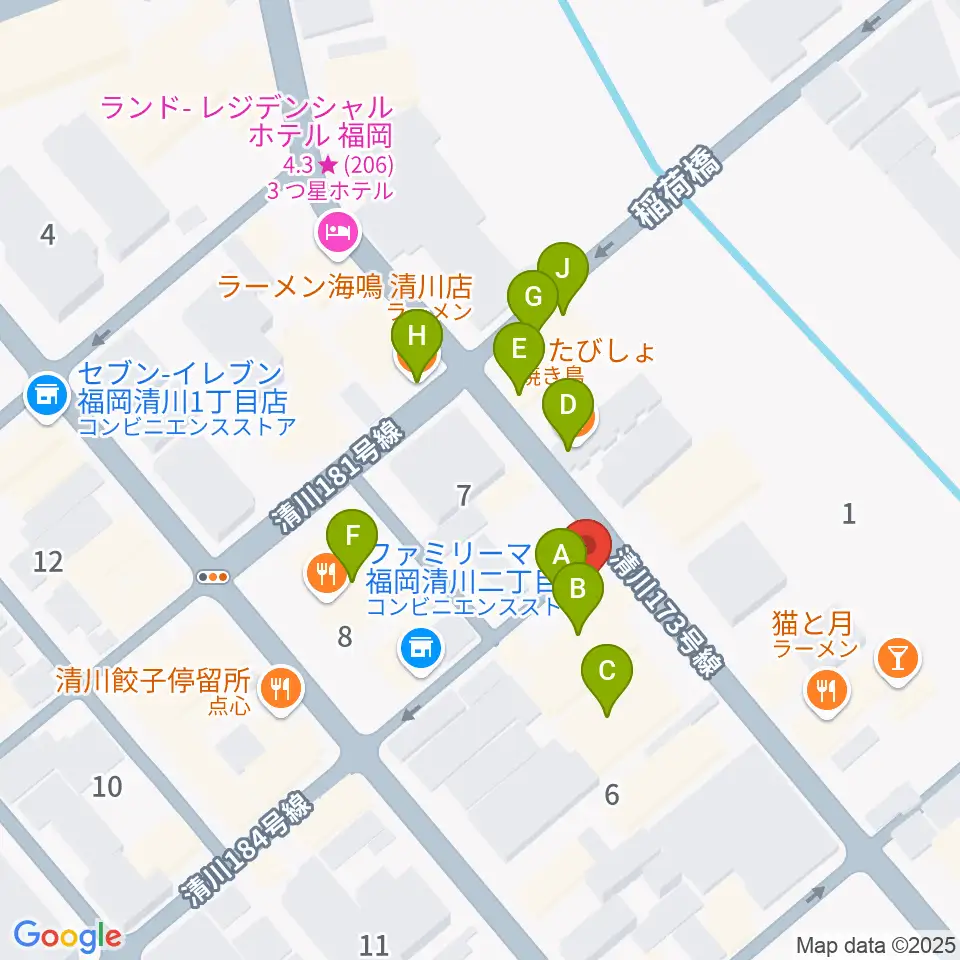 福岡UTERO周辺のファミレス・ファーストフード一覧地図
