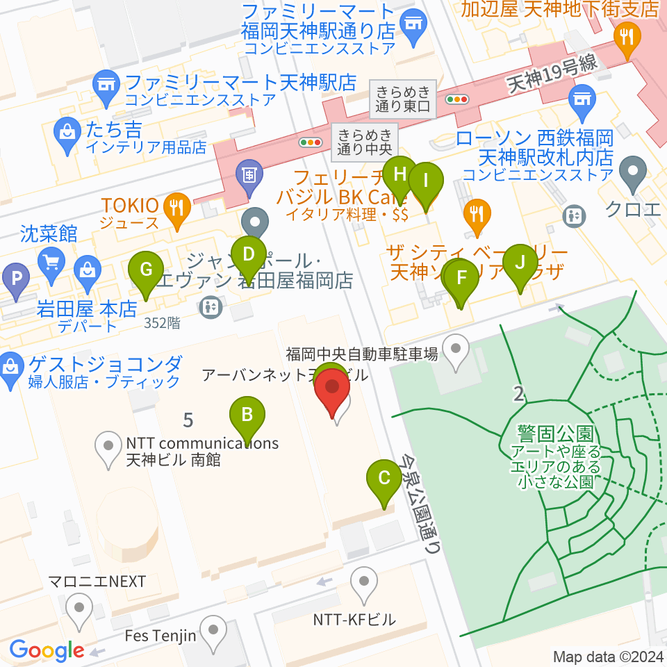 レソラNTT夢天神ホール周辺のファミレス・ファーストフード一覧地図