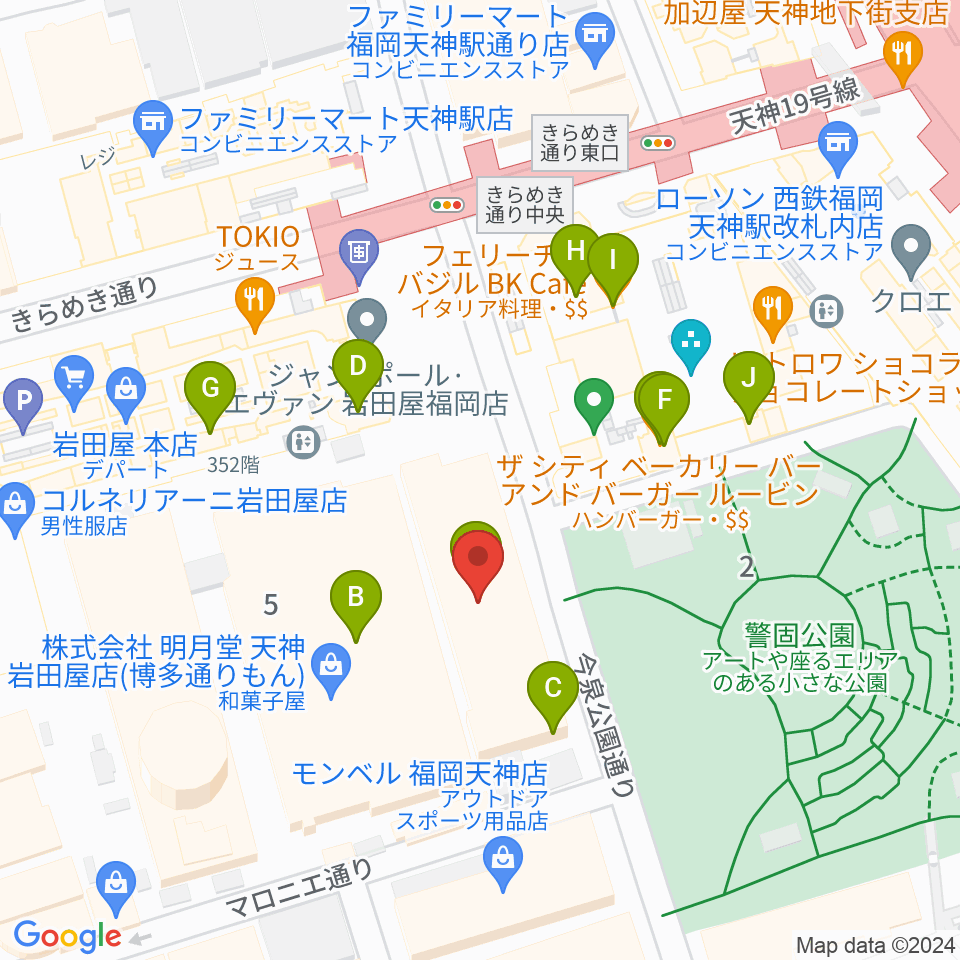 レソラNTT夢天神ホール周辺のファミレス・ファーストフード一覧地図