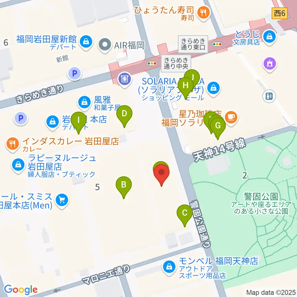 レソラNTT夢天神ホール周辺のファミレス・ファーストフード一覧地図