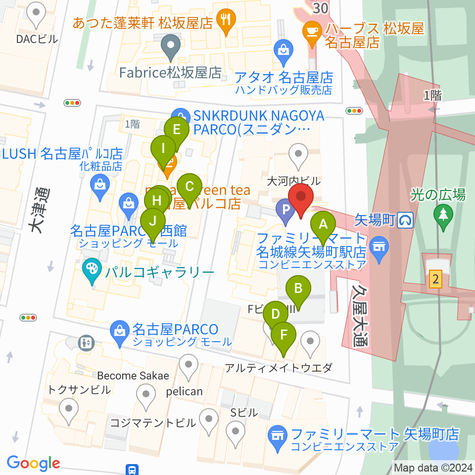 名古屋クラブクアトロ周辺のファミレス・ファーストフード一覧地図