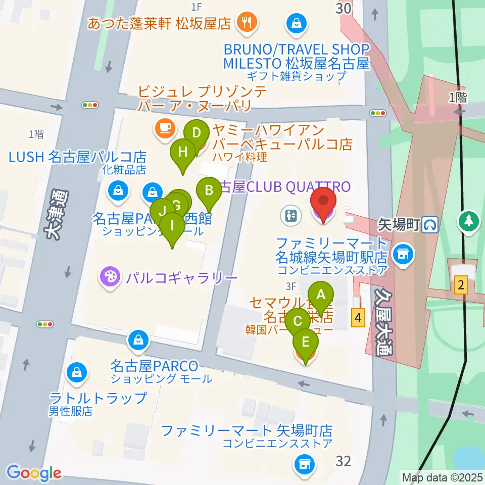 名古屋クラブクアトロ周辺のファミレス・ファーストフード一覧地図