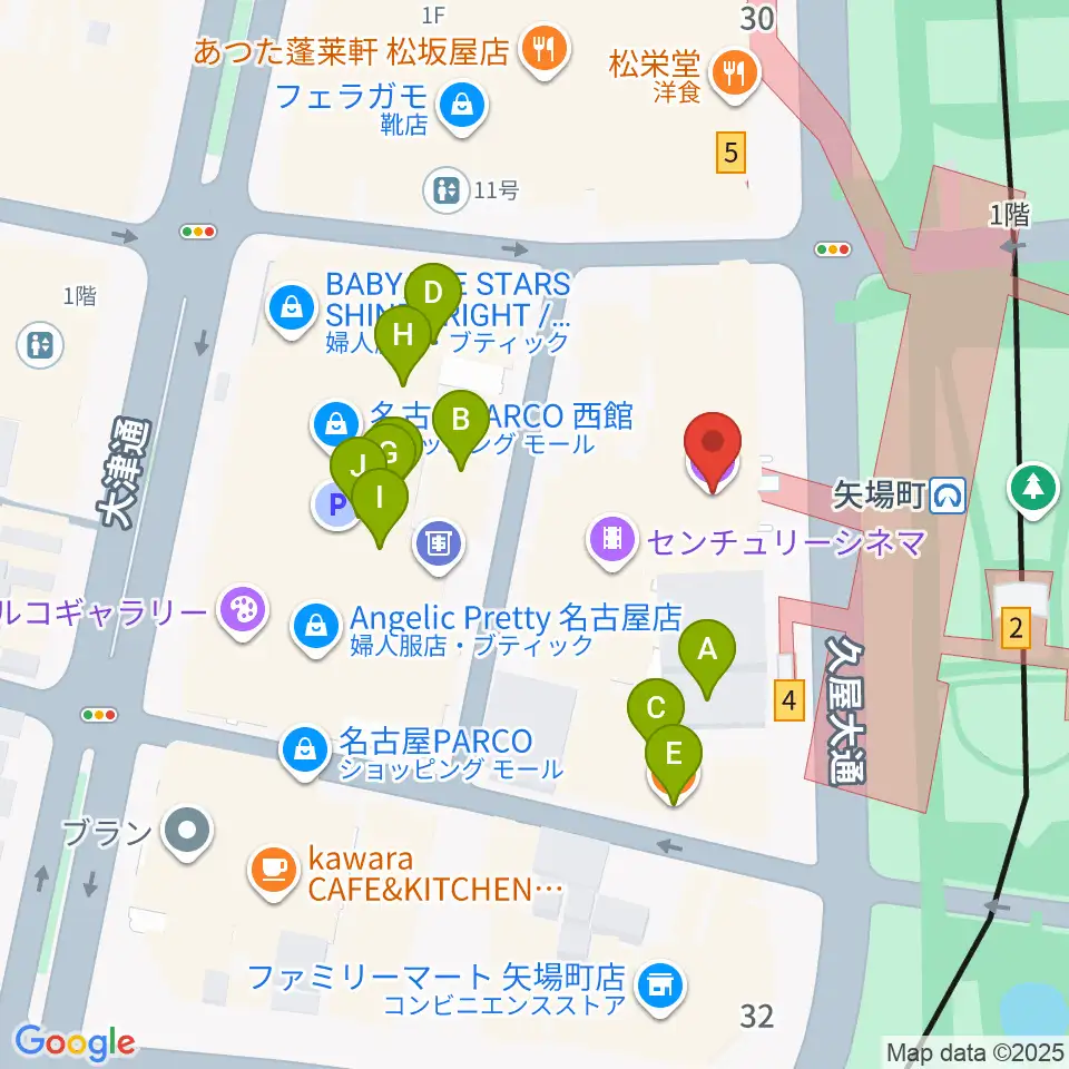 名古屋クラブクアトロ周辺のファミレス・ファーストフード一覧地図