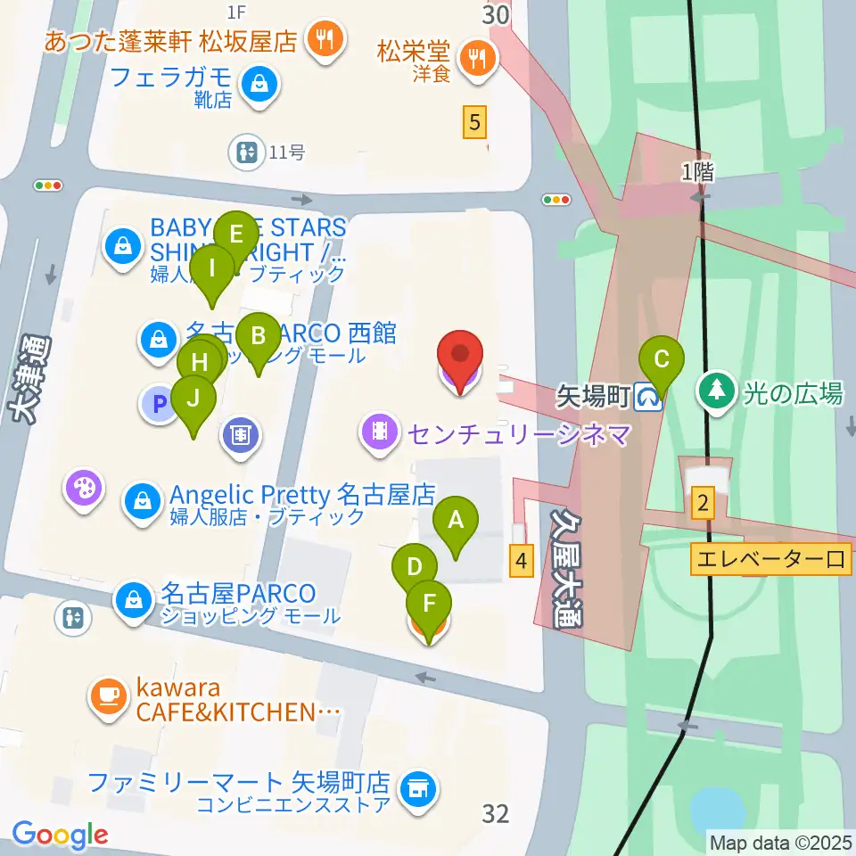 名古屋クラブクアトロ周辺のファミレス・ファーストフード一覧地図