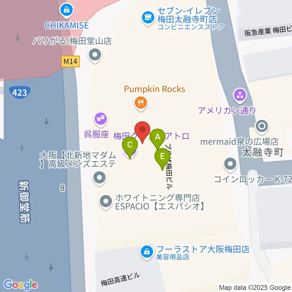 梅田クラブクアトロ周辺のファミレス・ファーストフード一覧地図
